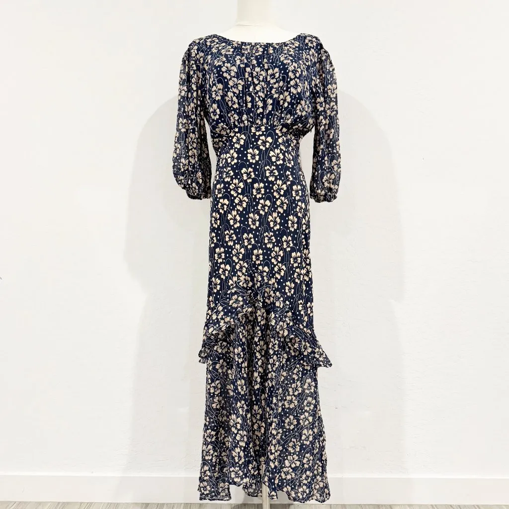 RIXO Cheryl Silk Floral Luxury Midi Dress Blue Prairie Cottage Boho‎ Size Small - Image 2