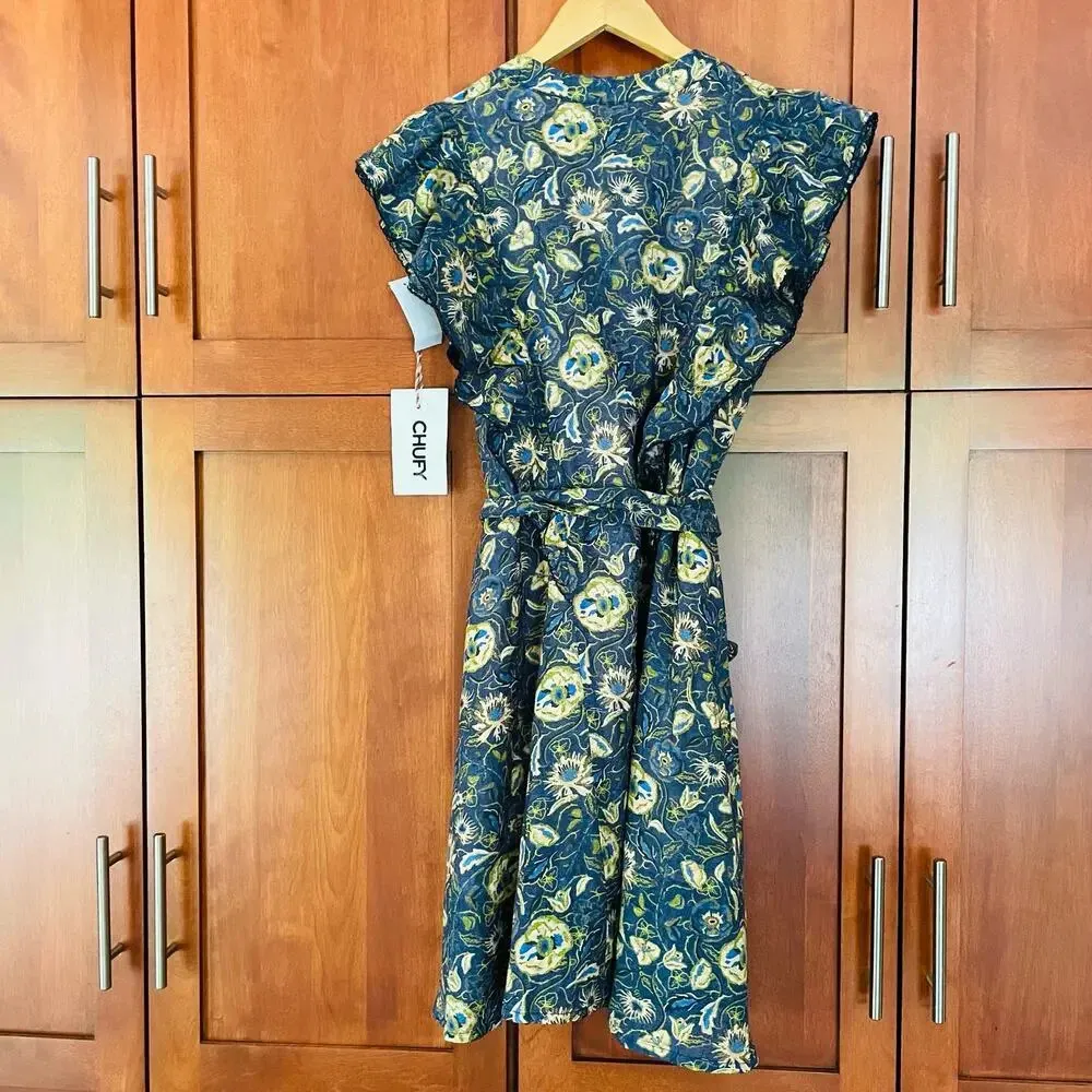 Chufy Amalfi Dress Mini Floral Print Cotton Silk Embroidered Size Small NEW Blue - Image 7
