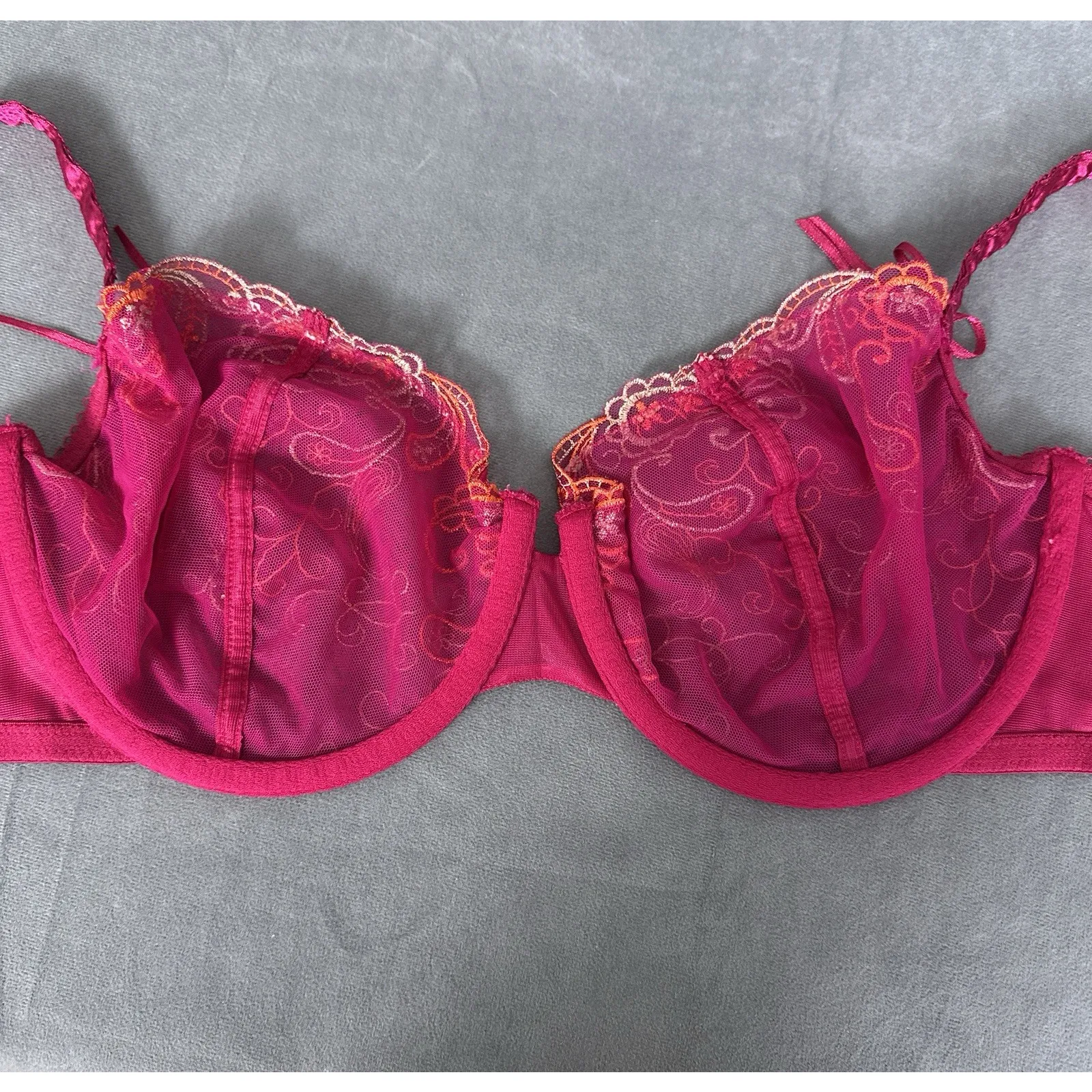 Cacique Bra Size 40D Unlined Sheer Mesh Dark Pink Bows Embroidery Underwire - Image 6