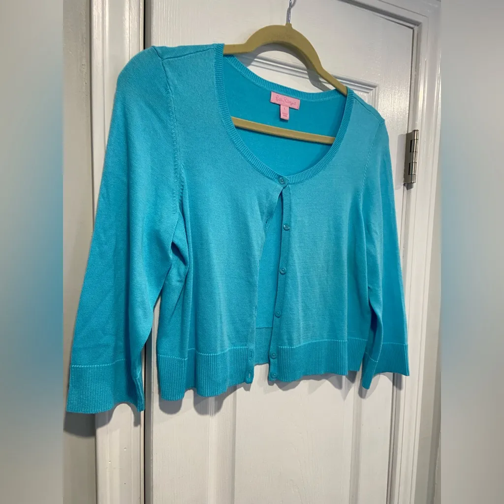 Lilly Pulitzer Size L Aqua Blue 3/4 Sleeve Cropped Cotton Knit Button Cardigan - Image 3
