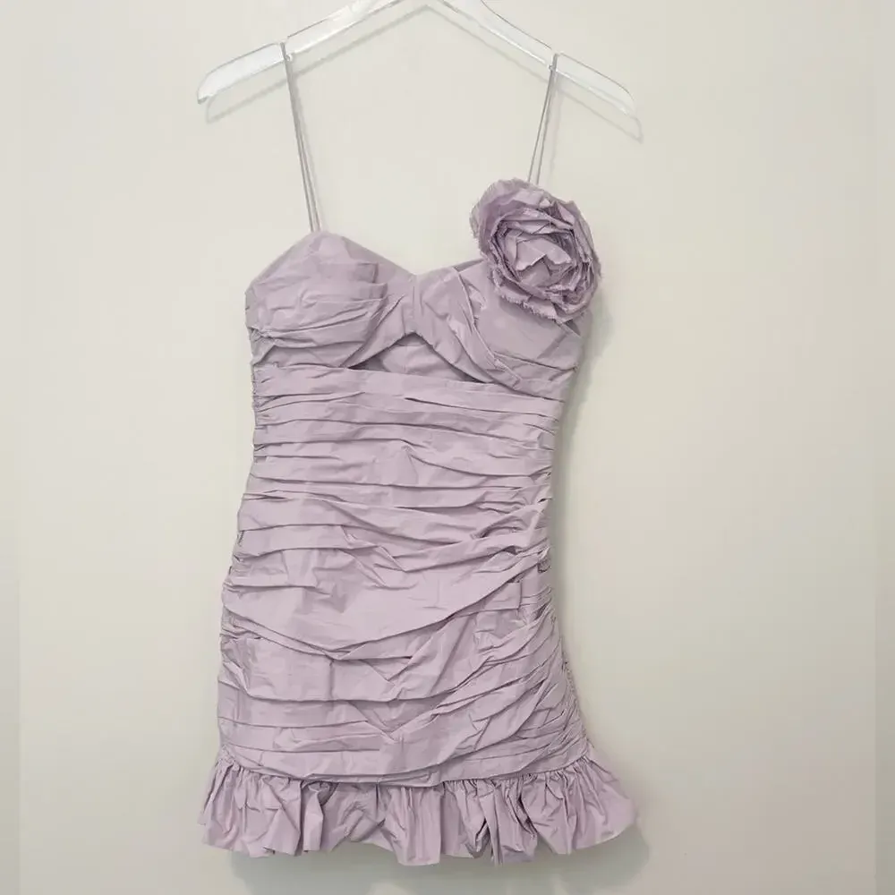 LOVESHACK FANCY Jessilyn Ruched Rosette Ruffle Hem Mini Dress in Lavender XS‎ - Image 3