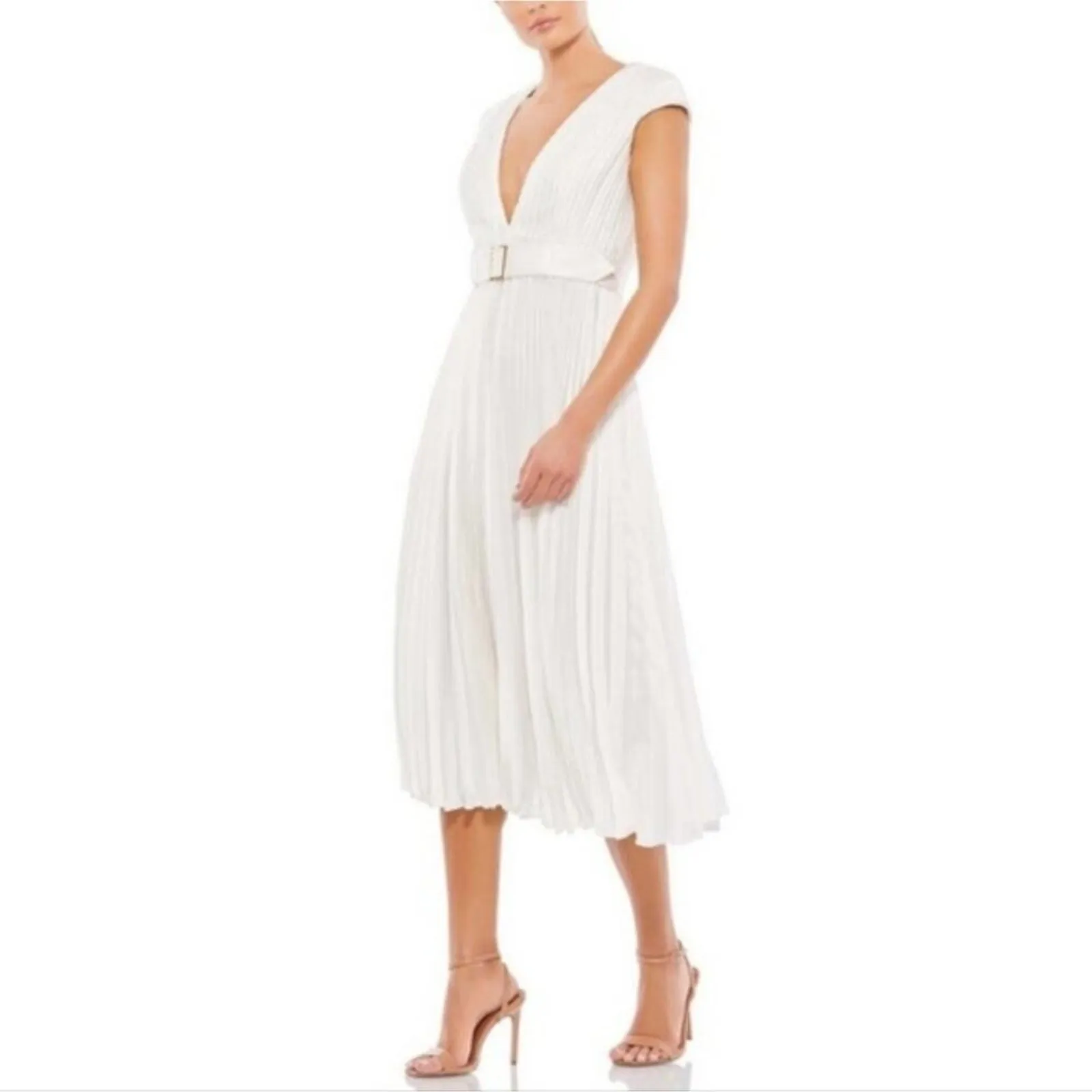 Ieena for Mac Duggal 26483 Pleated Cap Sleeve Belted A-Line White Midi Dress 8 - Image 12