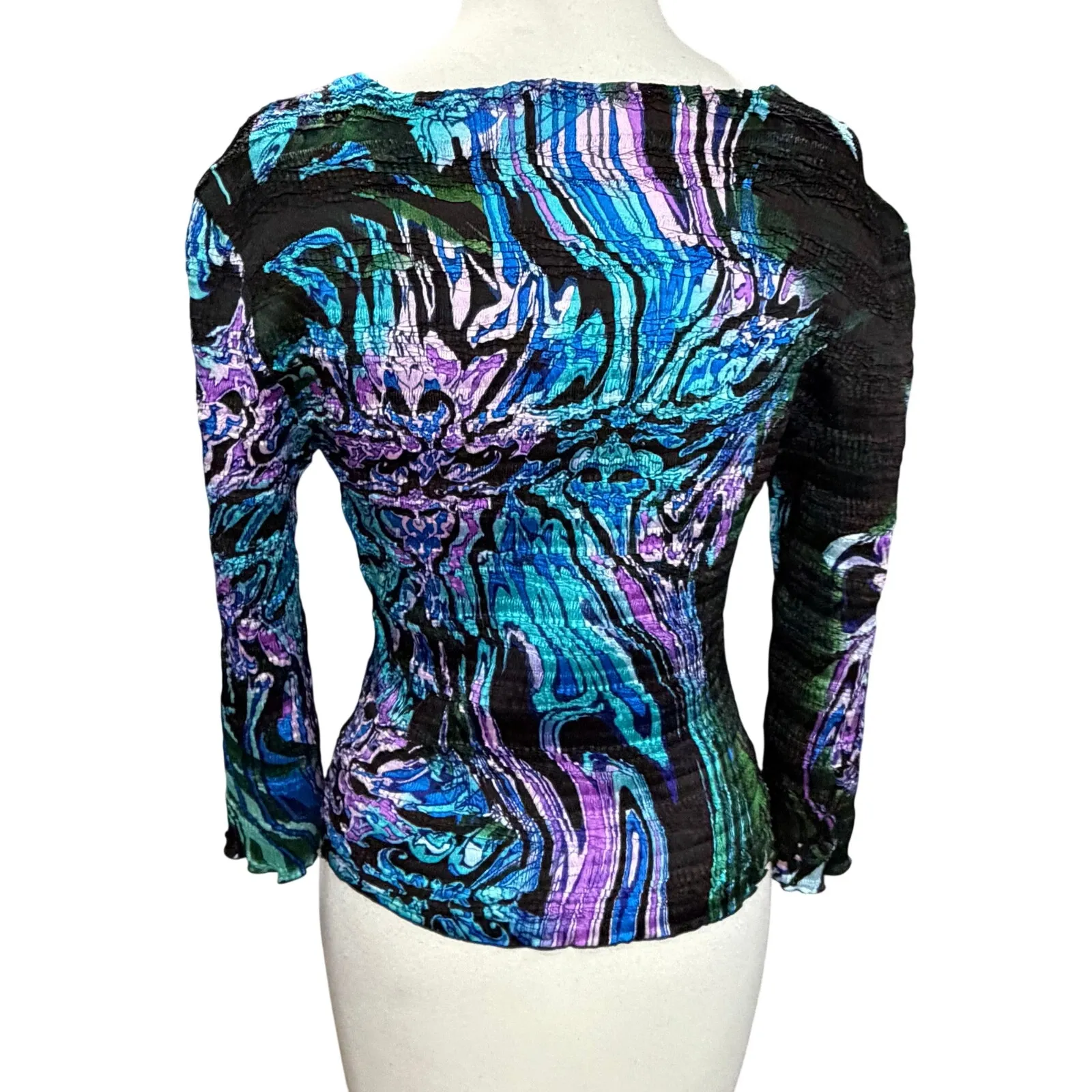 Vintage Alberto Makali Y2K Crinkle Top M Black Abstract Swirl Sequin Stretch - Image 5