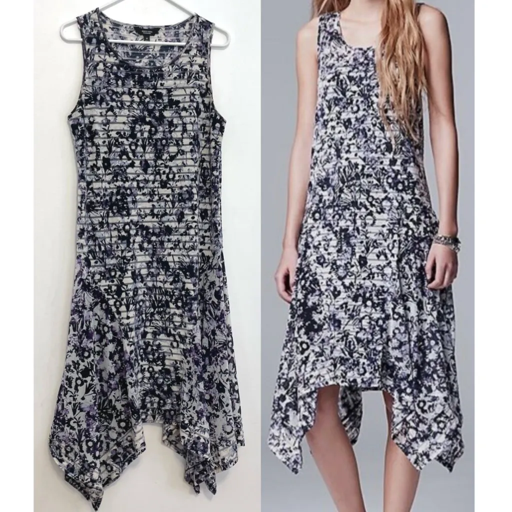 SIMPLY VERA VERA WANG Shadow Stripe Midi Dress Cream ? Navy Blue Purple Floral M - Image 2