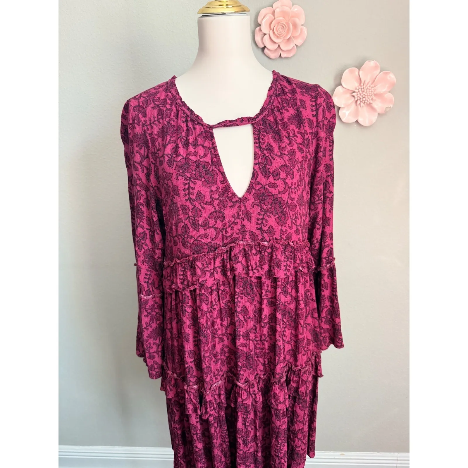 American Eagle Outfitters Floral Print Tiered Ruffle Dress Keyhole Tassel Tie L - Image 2