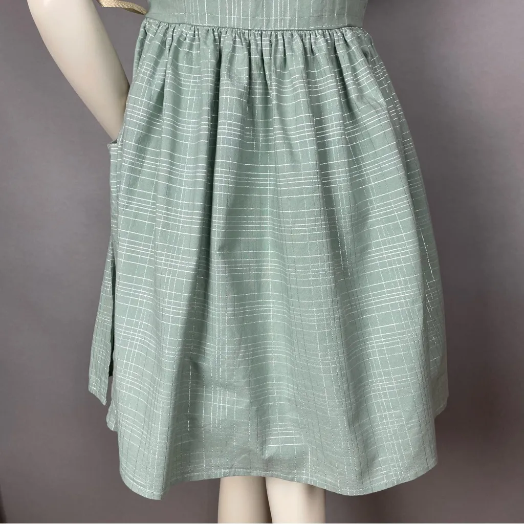 Handmade Wrap Dress Green Metallic Tulip Sleeves Twee Pockets Gathered Skirt - Image 6
