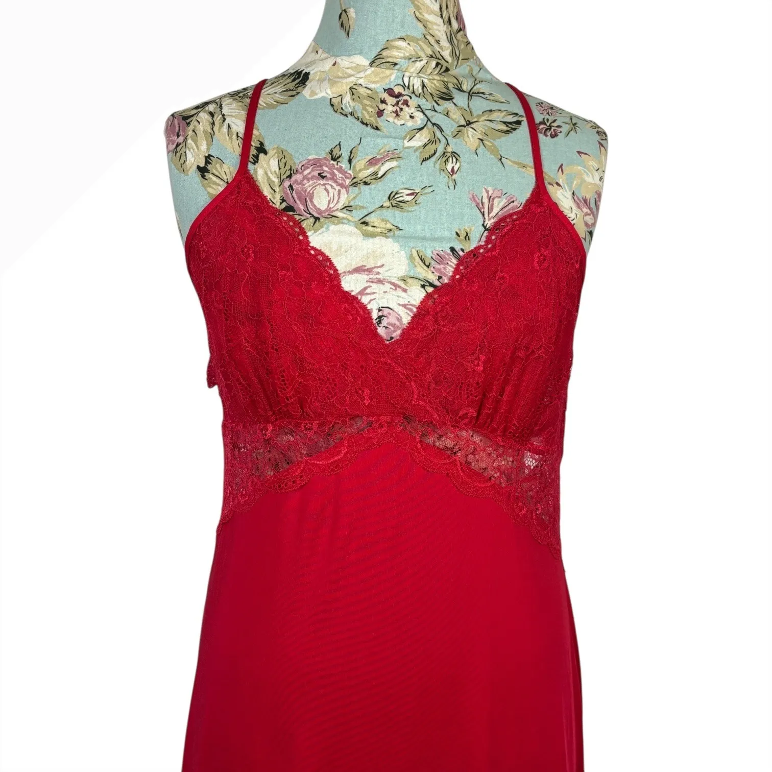 Womens Red Lace Trim Open Back Maxi Slip Dress sz M Nightgown Lingerie Romantic Size M - Image 3