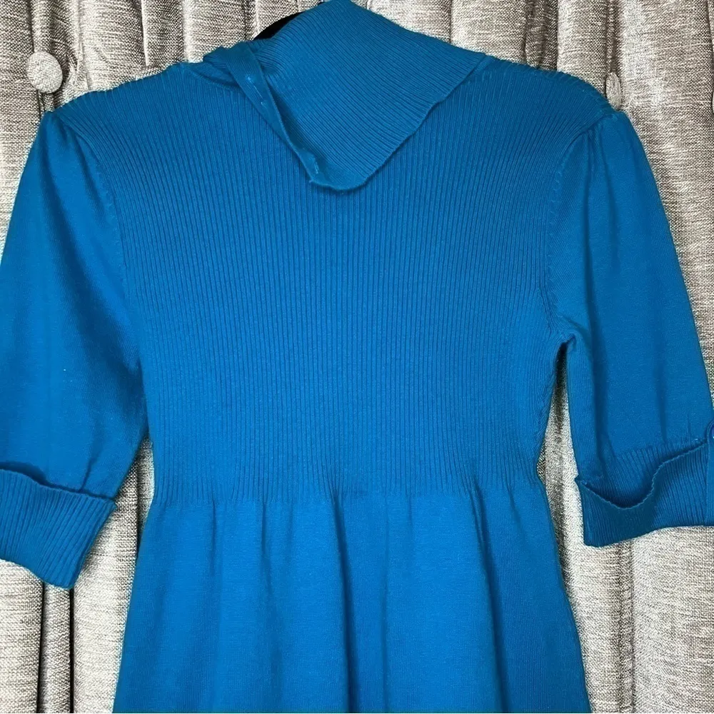 Take Out Turquoise Turtleneck Button Accent Elbow Length Sweater Dress Large Blue - Image 10