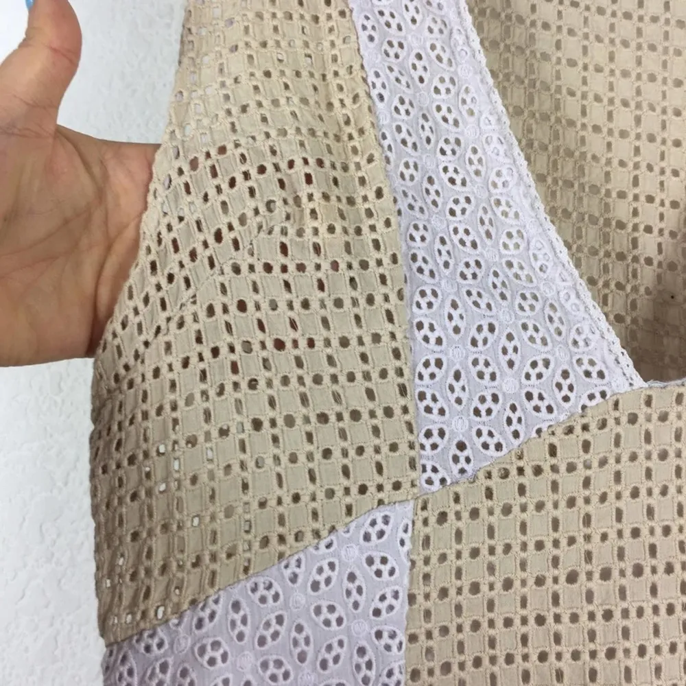 Urban Outfitters Kay Cream Tan Patchwork 70s Eyelet Shift Mini Dress Medium - Image 8