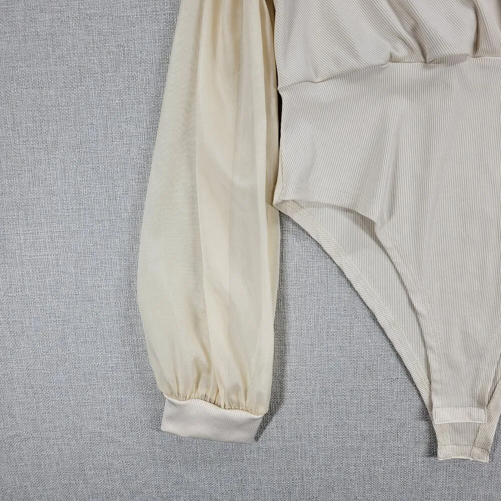 SHEIN Womens Bodysuit XL Cream Mesh Contrast Textured Ribbed Puff Sleeve - Image 5