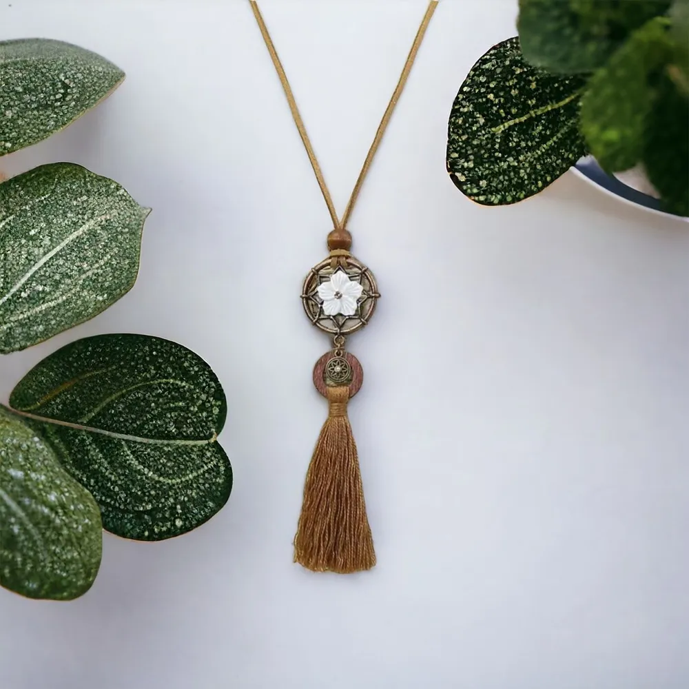 Boho Ladies 1 Pendant Necklace Round Hollow Set White Flower Coffee Color Tassel Tan - Image 8