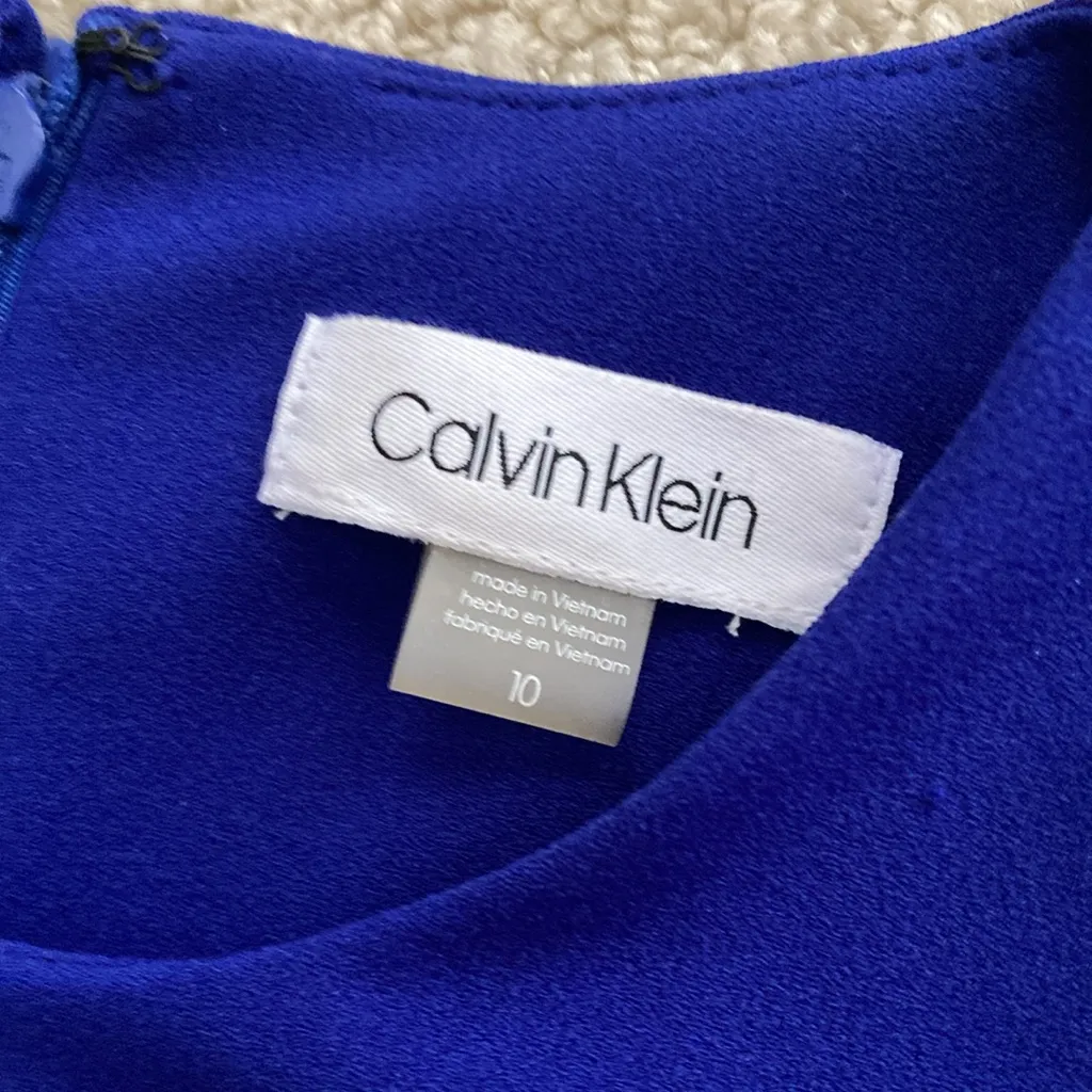 Calvin Klein High Neck Pleated Midi Dress Bright Blue Fit Flare Size 10 Like New - Image 2