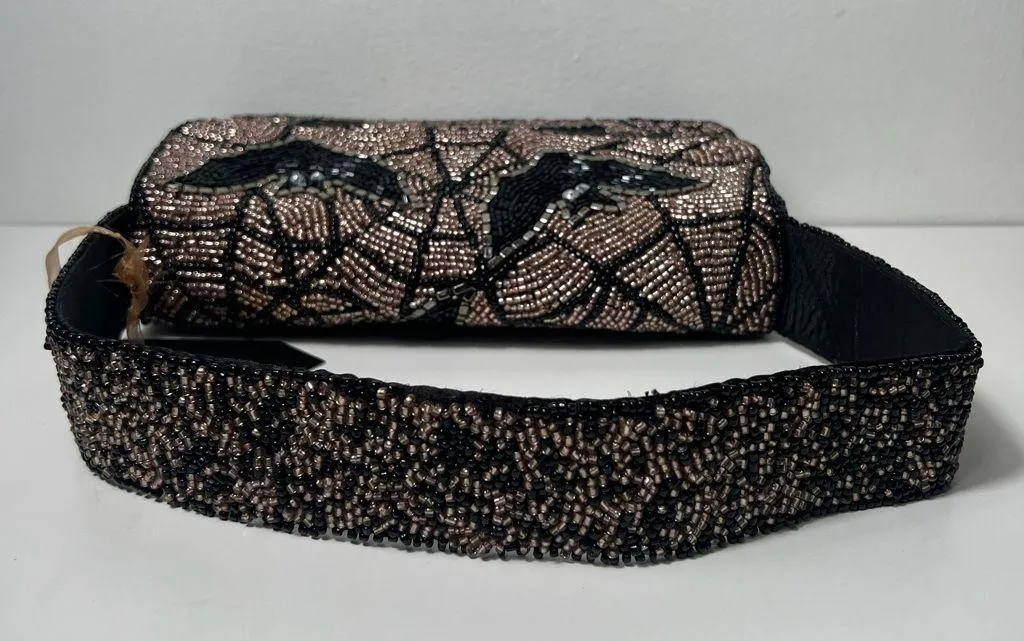 Handcrafted in India Bat Spiderweb Beaded Halloween Shoulder Bag Purse Handbag Black - Image 8