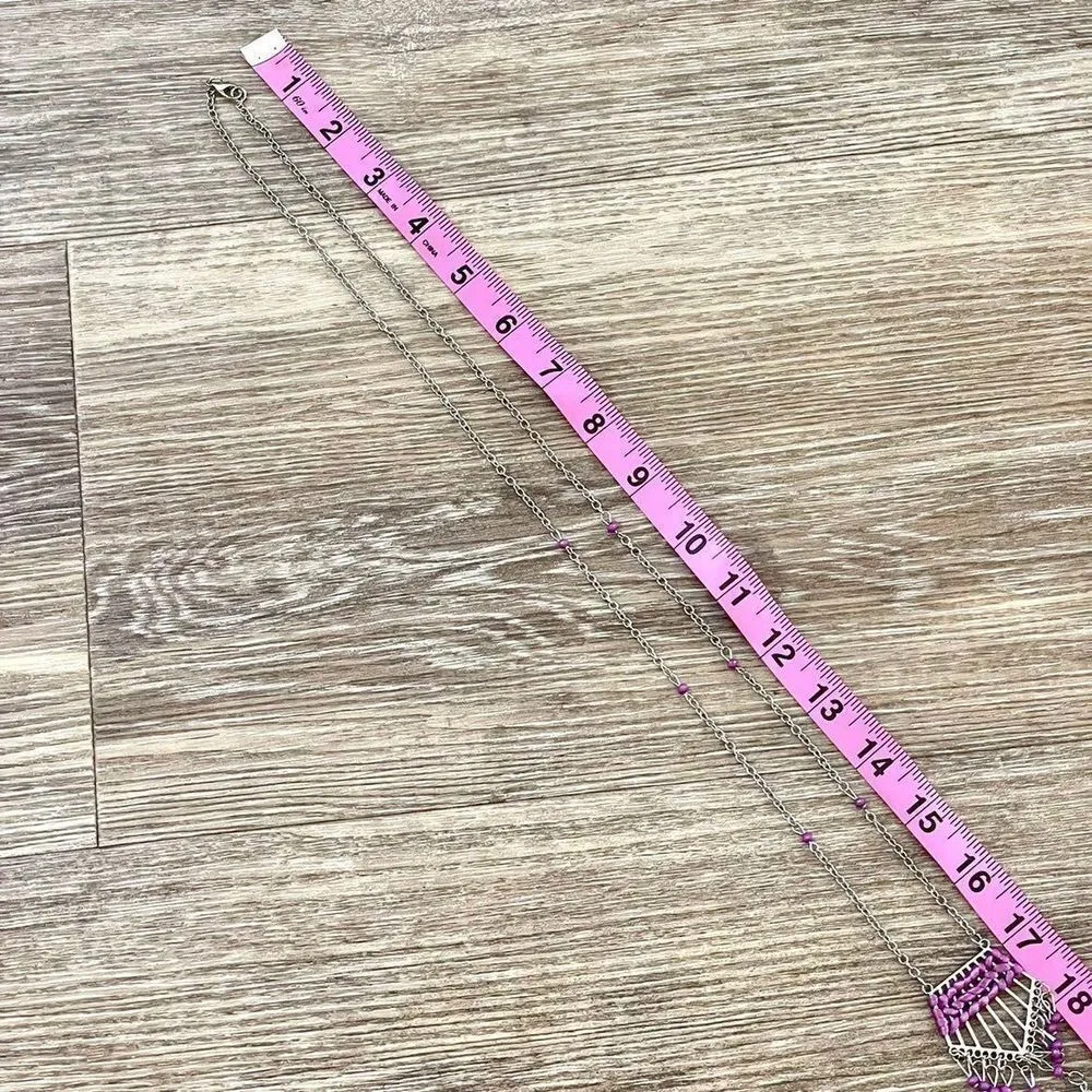 Long silver tone and pink bead tassel pendant necklace - Image 9