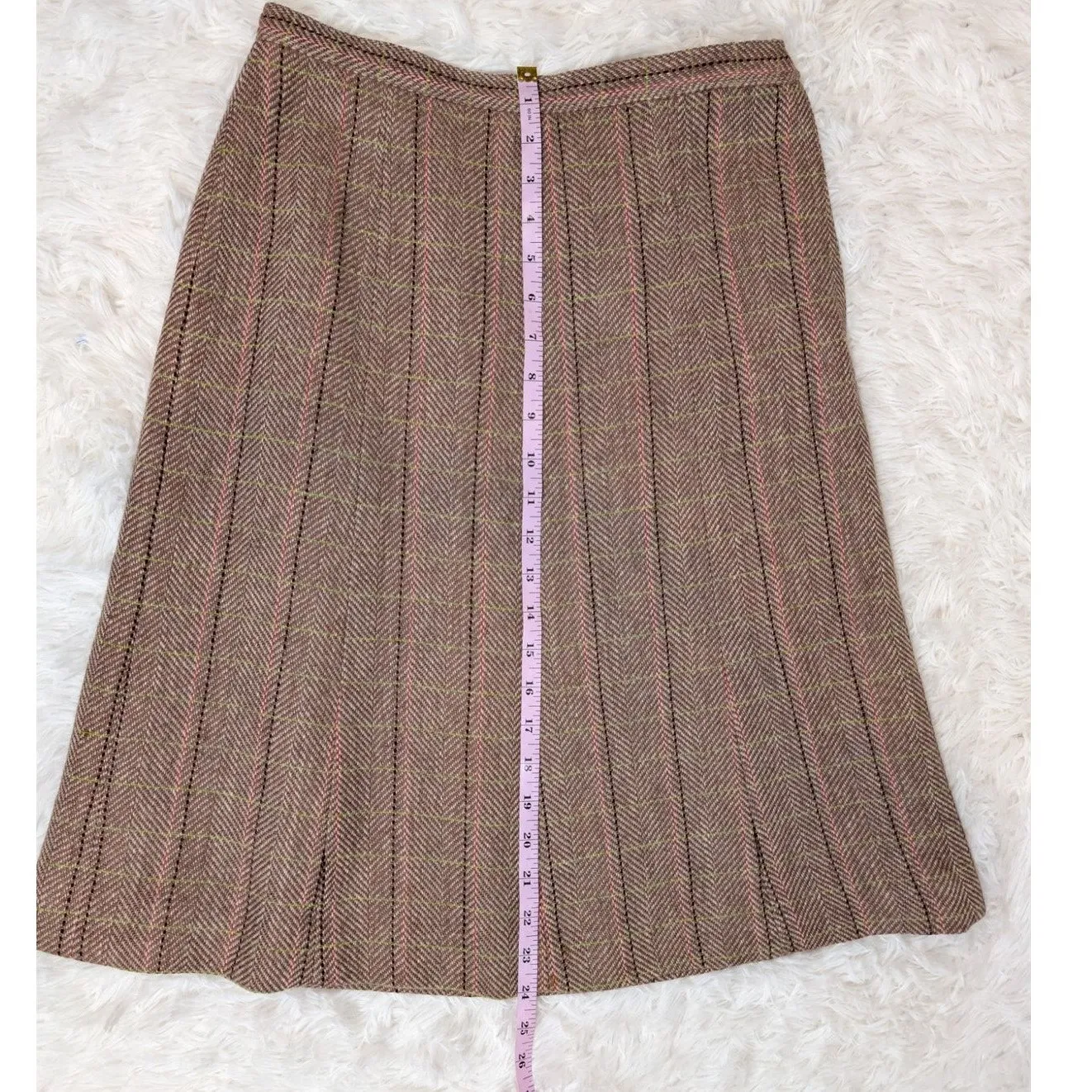 Vintage 1990s Tweed A-Line Skirt Brown Pink Green Plaid Wool Blend - Image 5