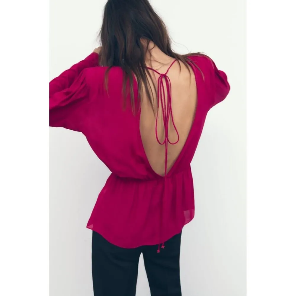 NWOT Zara Women's Fuchsia  Open Back Long Sleeve Blouse S | 8694/573 - Image 4