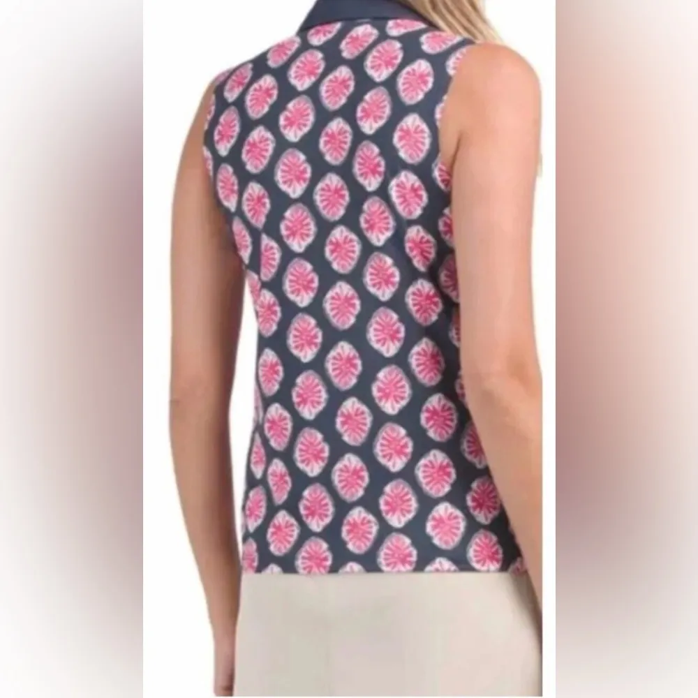 Tommy Bahama Women's Golf Deco Leaf Print Stretch Sleeveless Polo Shirt Sz Large - Image 2