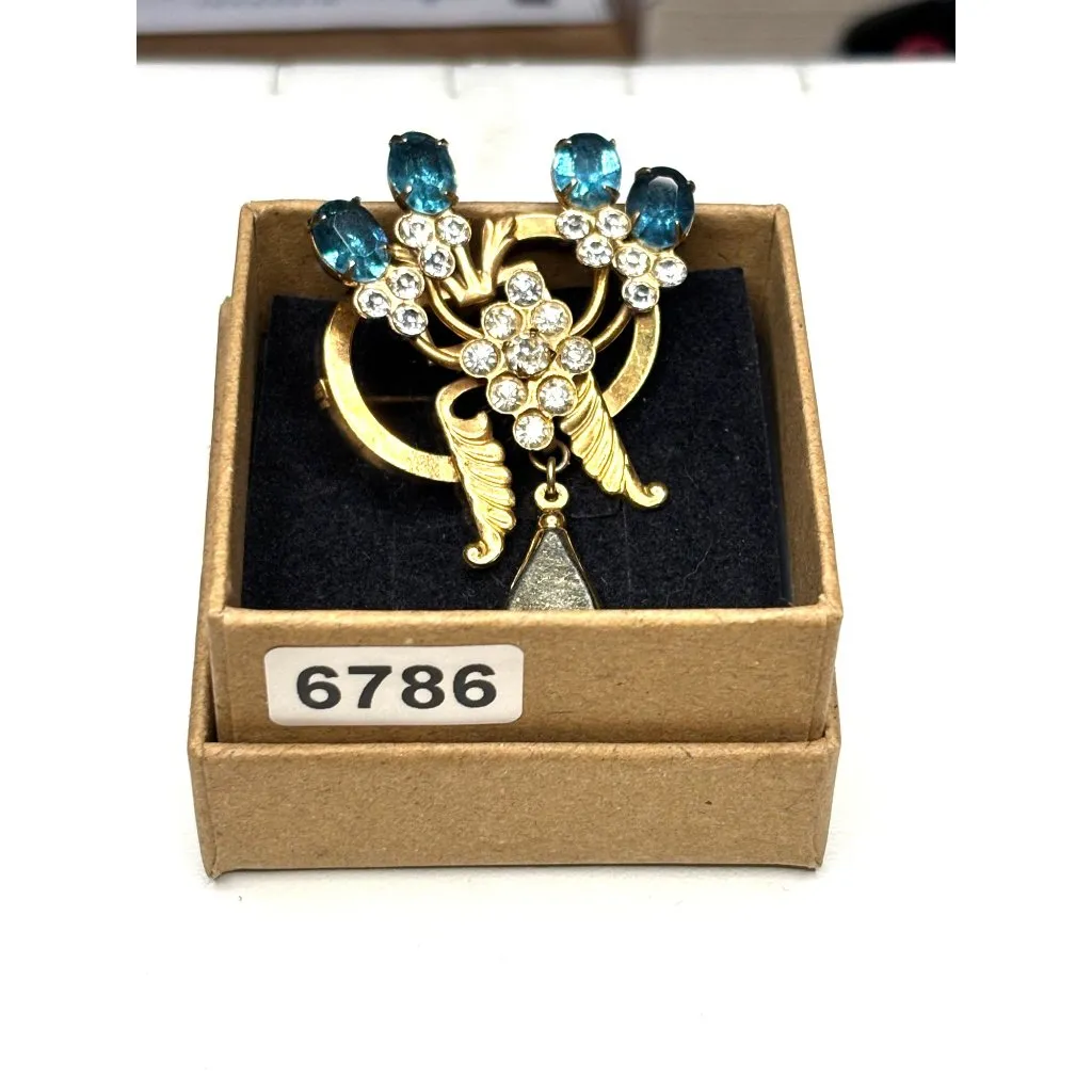 Vintage Gold Tone Rhinestone Brooch With Blue & Clear Stones - Image 9