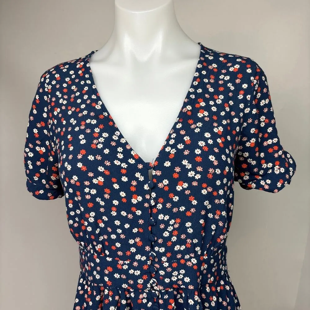 Madewell Women Navy Blue Floral Print Button Up Short Sleeve Mini Sun Dress Sz 4 - Image 5