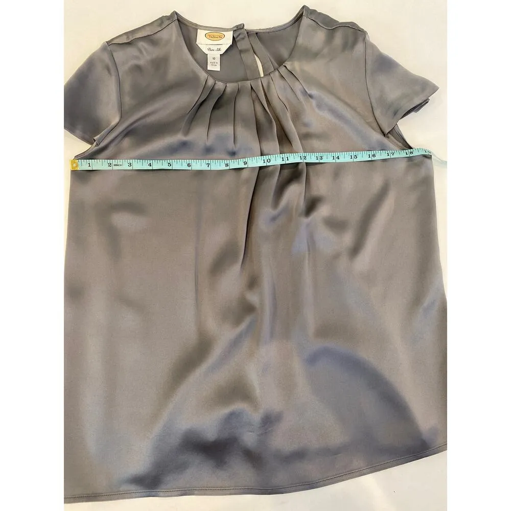 Talbots Pure Silk Steel Gray Cap Short Sleeve Blouse Key Hole Back EUC Sz 10 - Image 9