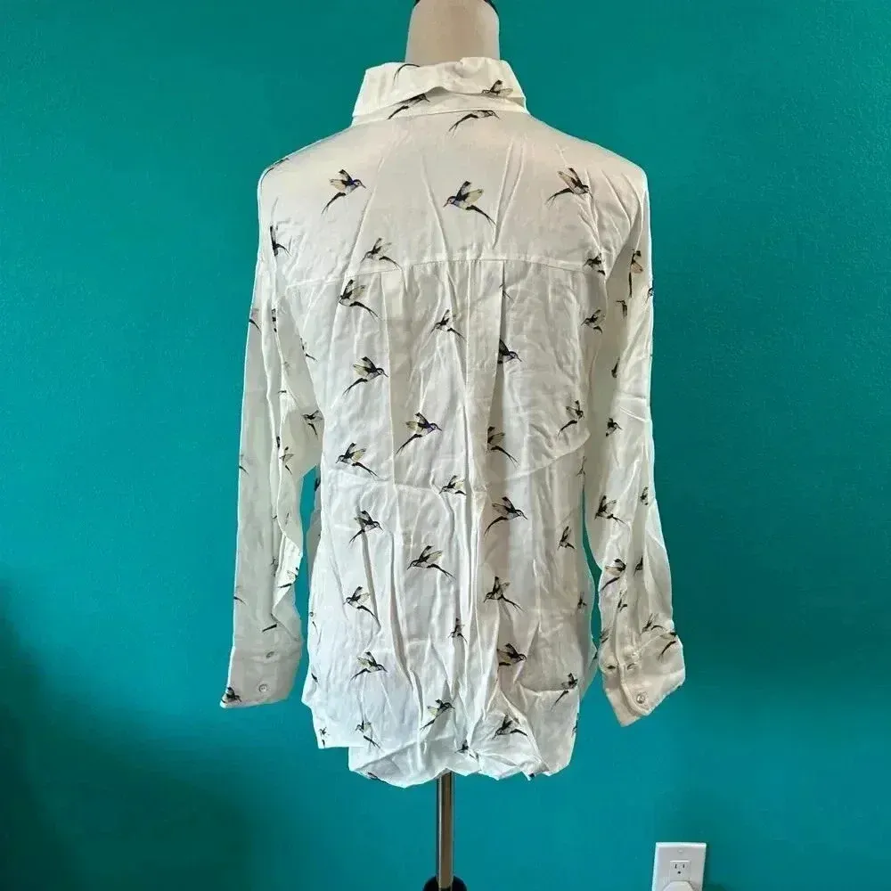 Zara Basic White Animal Bird Print Long Sleeve Button-Down Shirt Novelty Size S - Image 5