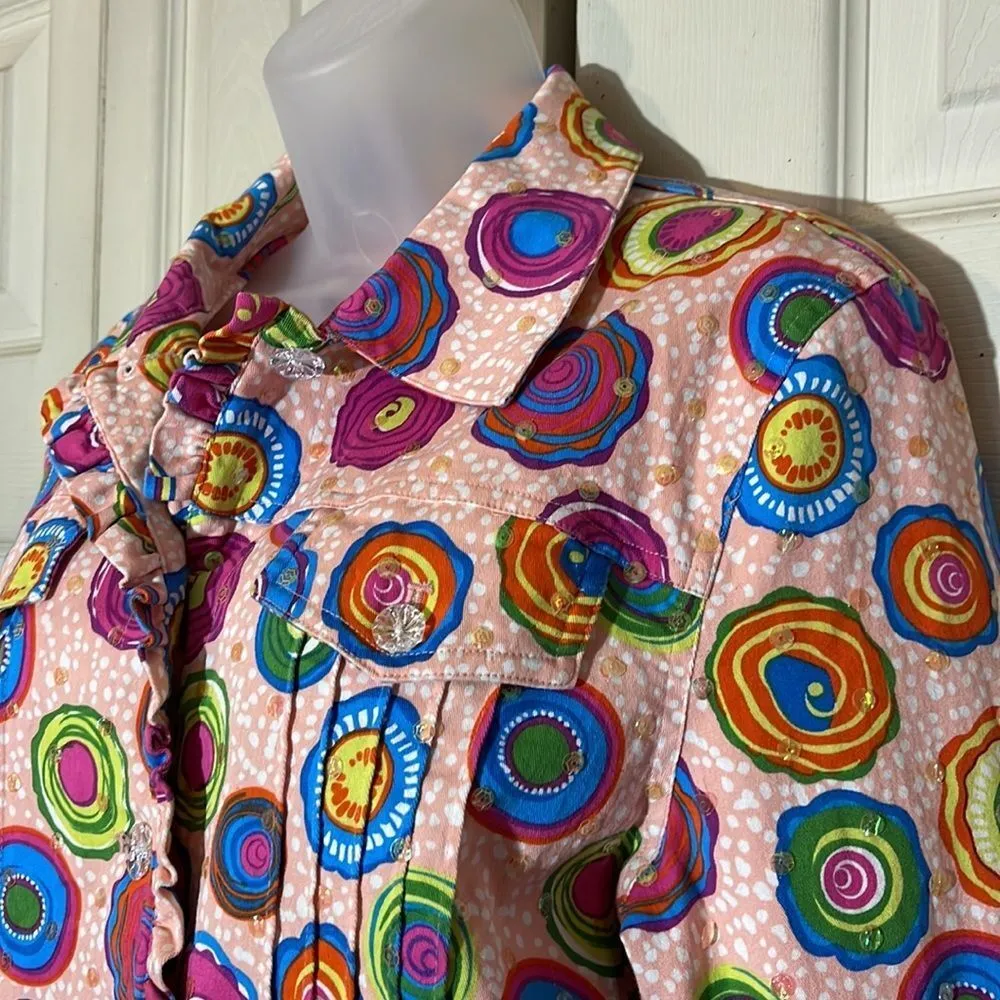 Redd Jeans Vibrant Sequin Pink Denim Jacket Large Circle Pattern 10 - Image 10