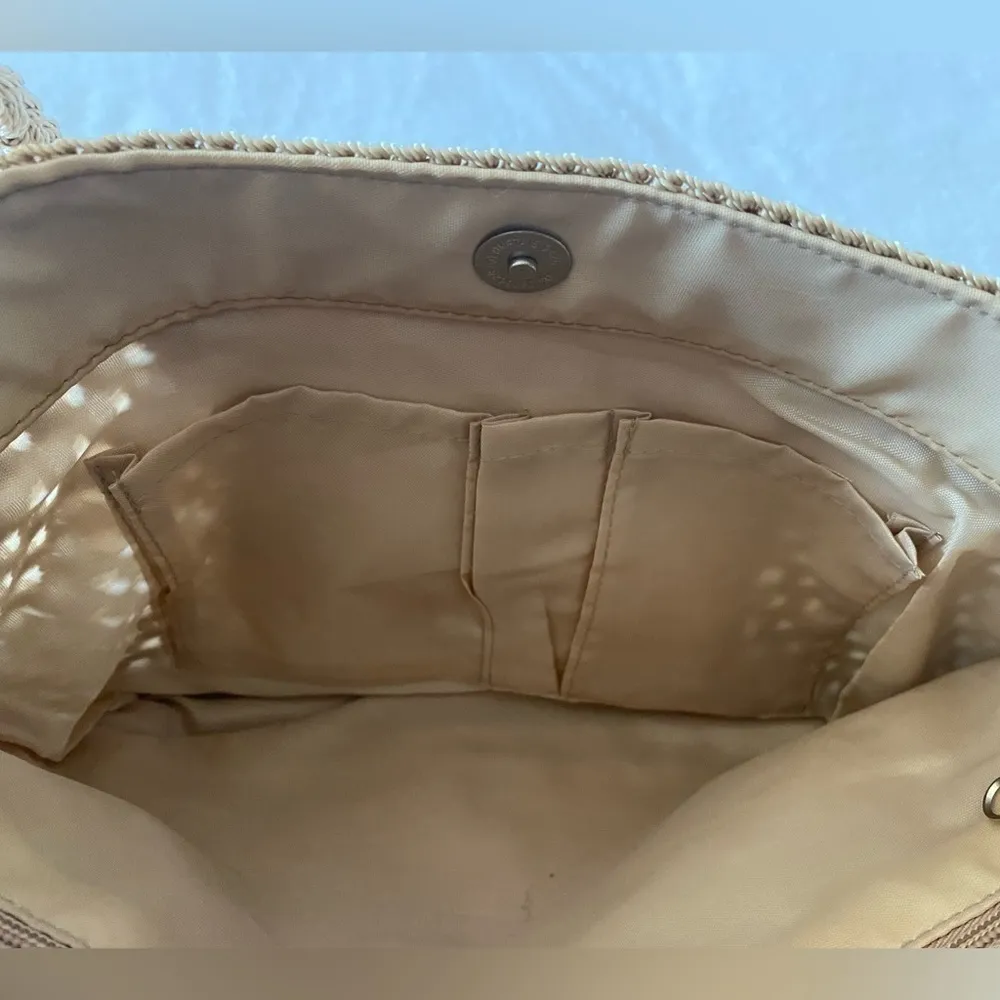 LINA Tan Crotchet Double Handle Tote Shoulder Bag - Image 4