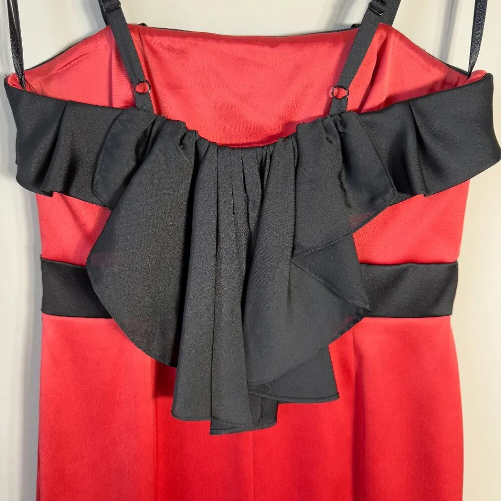 Vtg BCBG Paris Satin Ruffle Bodycon Mini Dress Women's 6 Red Black Cocktail Y2K - Image 10
