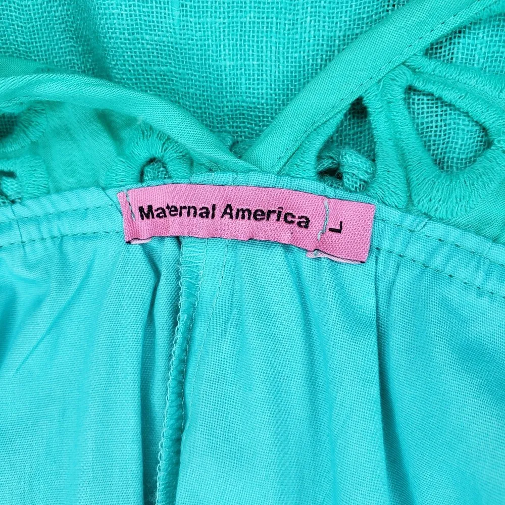 Maternal America Green Linen Cap Sleeve Crochet Eyelet Maternity Dress L Size undefined - Image 4