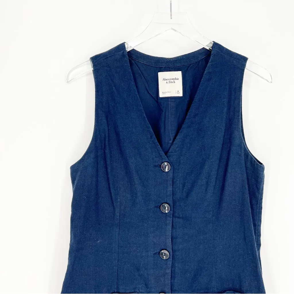 Abercrombie & Fitch Linen Blend Button Front Mini Dress M Blue - Image 4