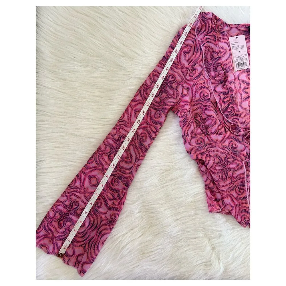 NWT Wild Fable Pink Geometric Print Tie Front Long Sleeve Chiffon Top Size Small - Image 13