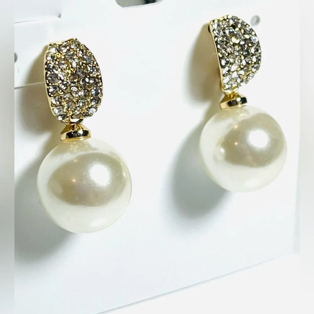 NEW Charter Club Pearl Drop EARRINGS 1" Pave Crystal & Faux Pearl Post Back Gold - Image 2