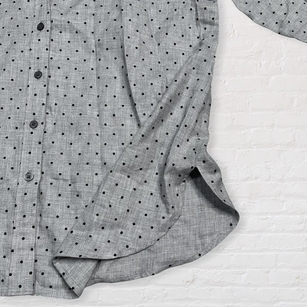 Button Up Grey Cotton Shirt Womens S Flocked Black Ditsy Polka Dot Career - Image 4