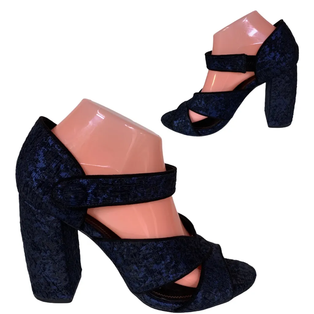 ZARA BASIC BACK AND BLUE JACQUARD FABRIC COVERED BLOCK HEEL SHOES (40/9) - Image 3