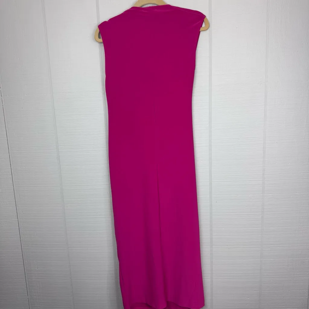 Zara Barbie Hot Pink Asymmetrical Draped Cross Neckline Midi Dress Stretchy S - Image 4
