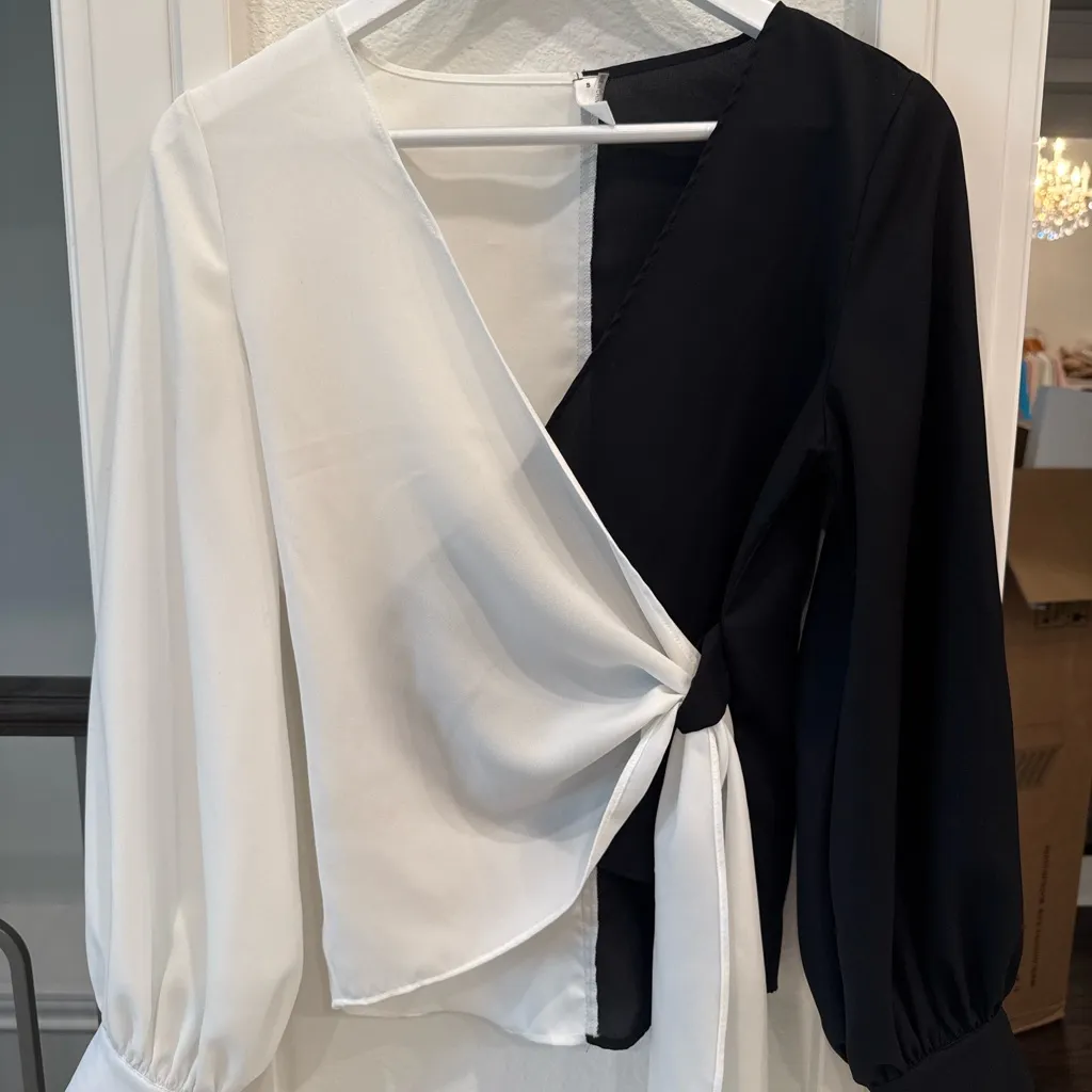 glam Black & White Colorblock Wrap Blouse | Small - Image 2