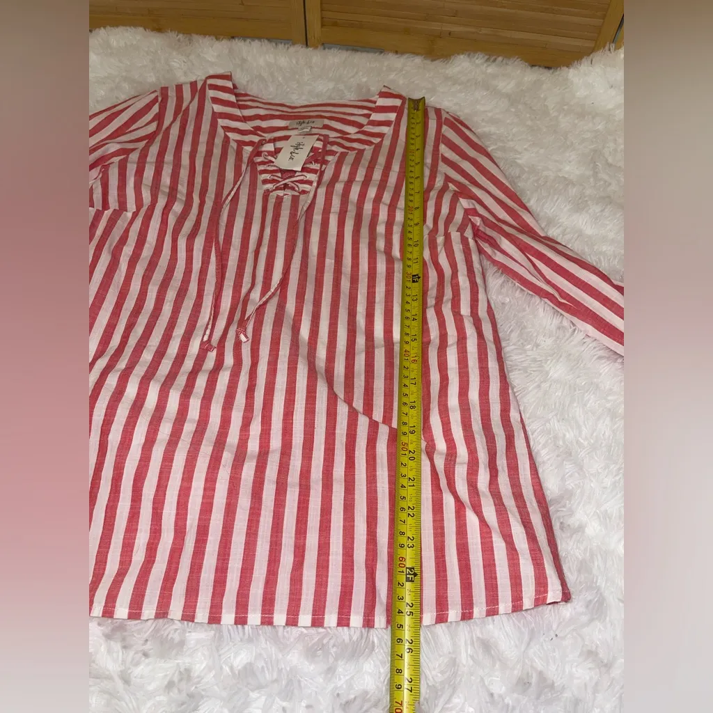 Style & Co. red white stripe long sleeve blouse shirt top lace up neckline M NWT - Image 8