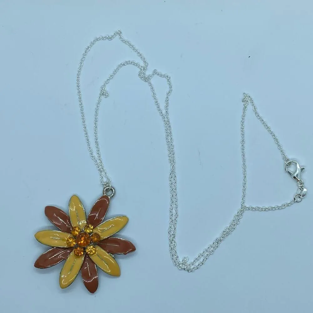 Orange Rhinestone Flowers Silver-Tone Necklace - Image 4