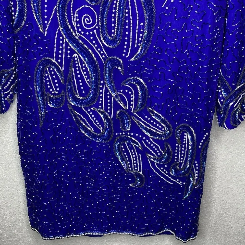 Vintage Stenay Silk Beaded‎ Dress Blue Size 10 - Image 5