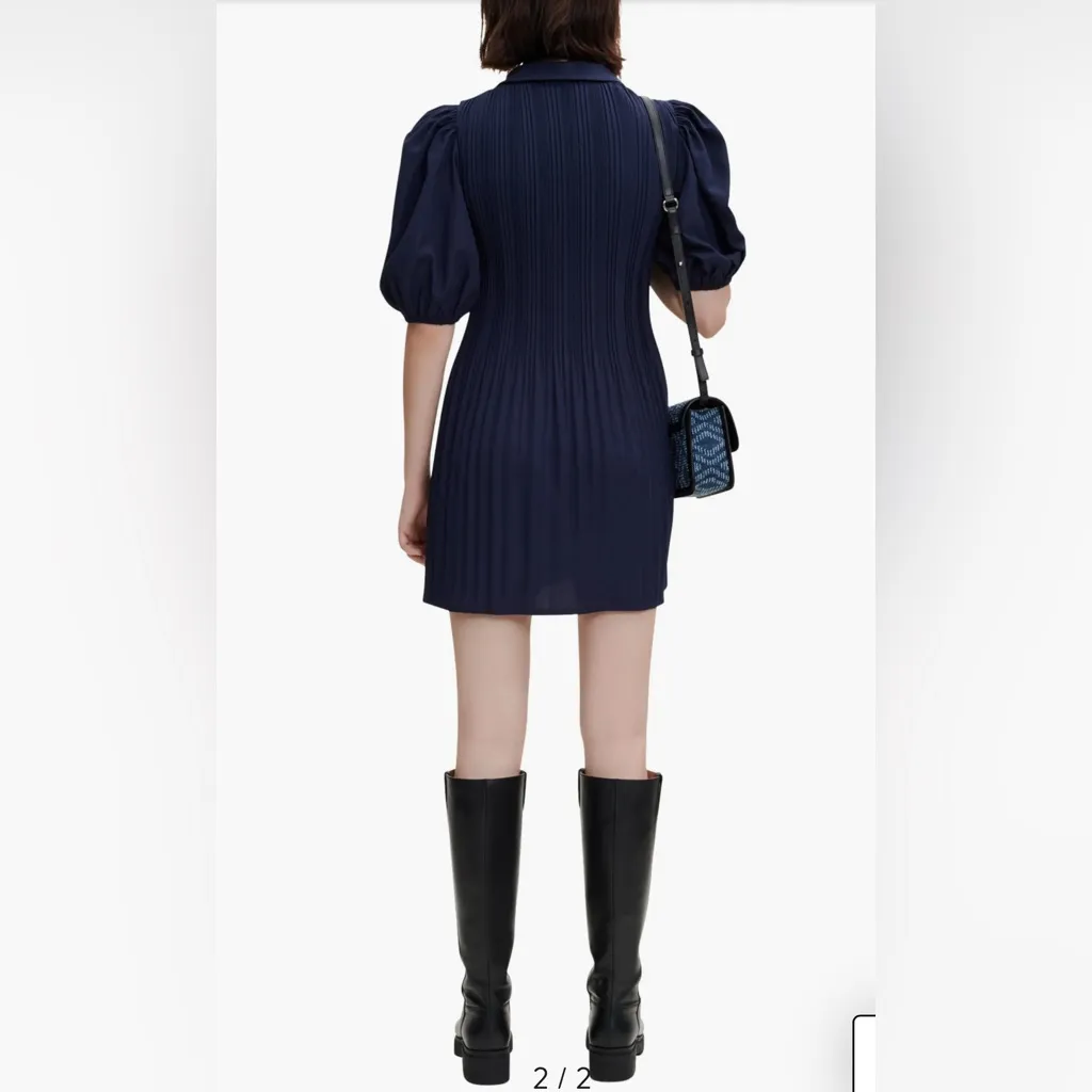 Maje Rocking Point Collar Puff Sleeve Mini Dress Navy Blue 40 Large Pleated - Image 2