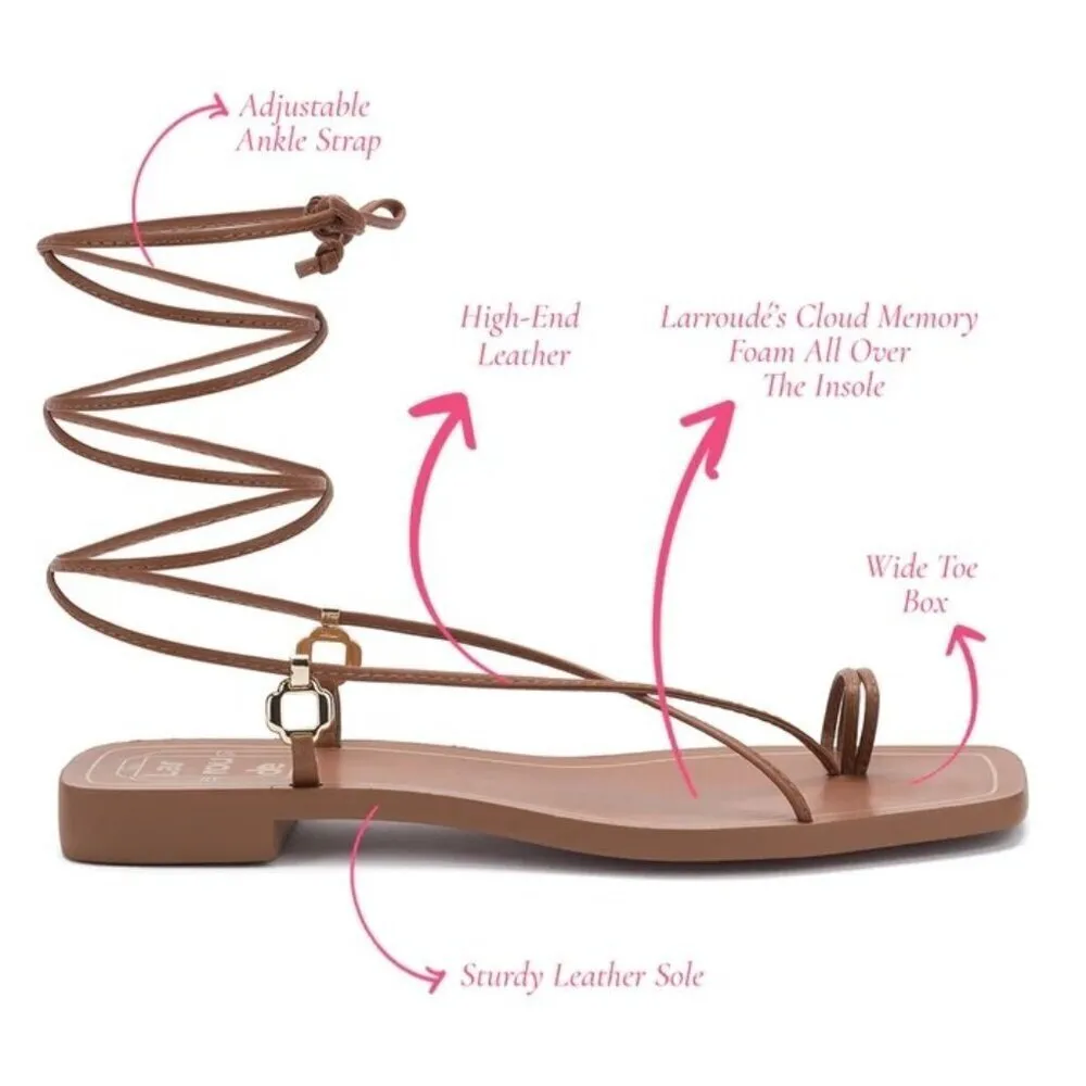 Larroude Portofino Flat Sandals in Caramel Leather 6 With Box Womens Wrap Slides Brown - Image 4