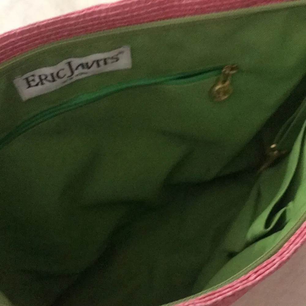 ERIC JAVITS pink squishee woven straw tote purse handbag green lining gold hrdwr - Image 4