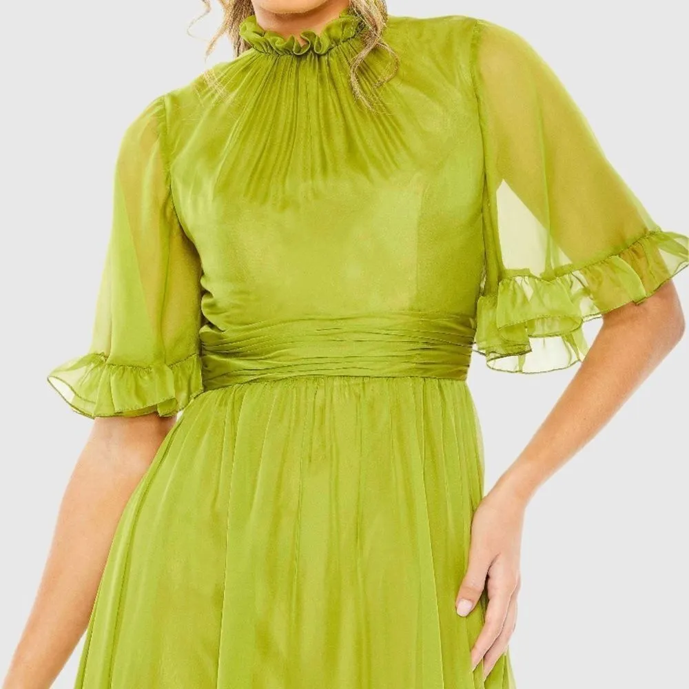 MAC DUGGAL  Green Ruffled Mock Neck Flutter Sleeve High Low Hem Gown - Image 2