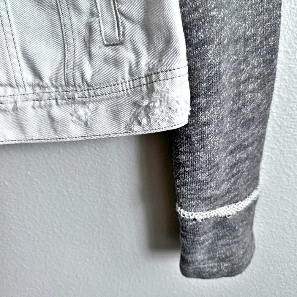 FREE PEOPLE | Knit Hooded Denim Jean Jacket White Gray Mixed Distressed | Small - Image 5
