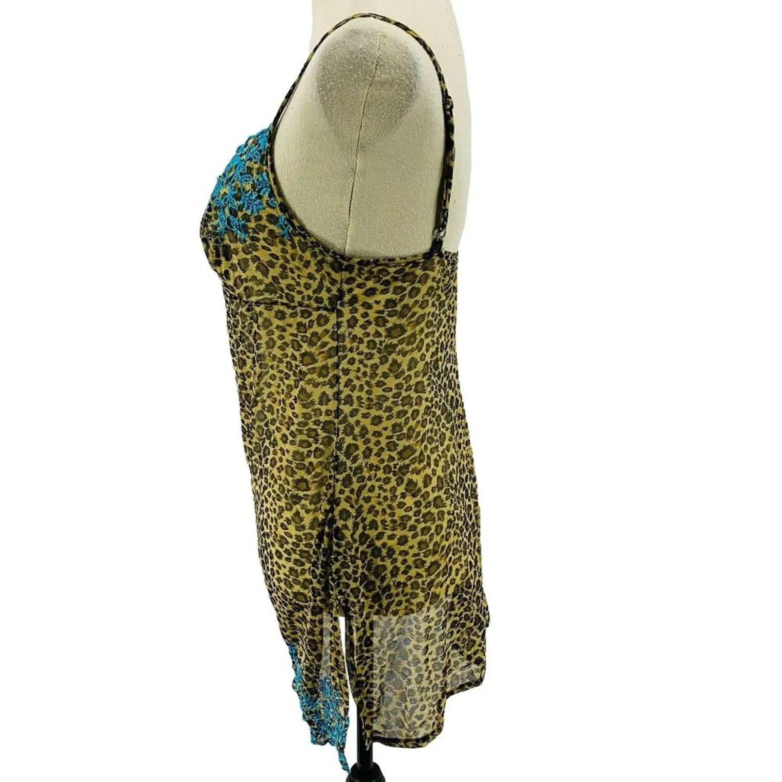 Vintage Y2K Victoria's Secret Babydoll Sheer Leopard Teal Embroidered Nightie M - Image 4
