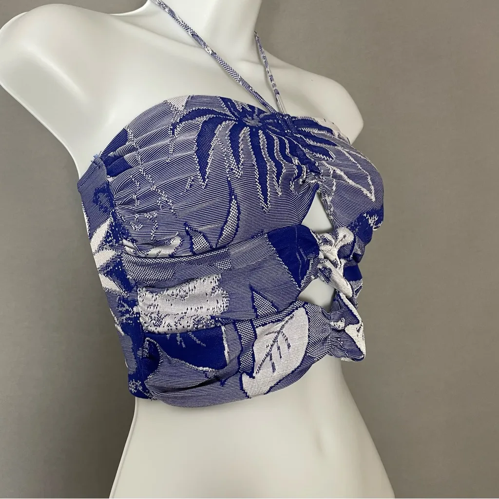 Zara‎ Halter Crop Top Blue Tropical Size Small Cut-Outs Women Beachy Palm Leaves - Image 8