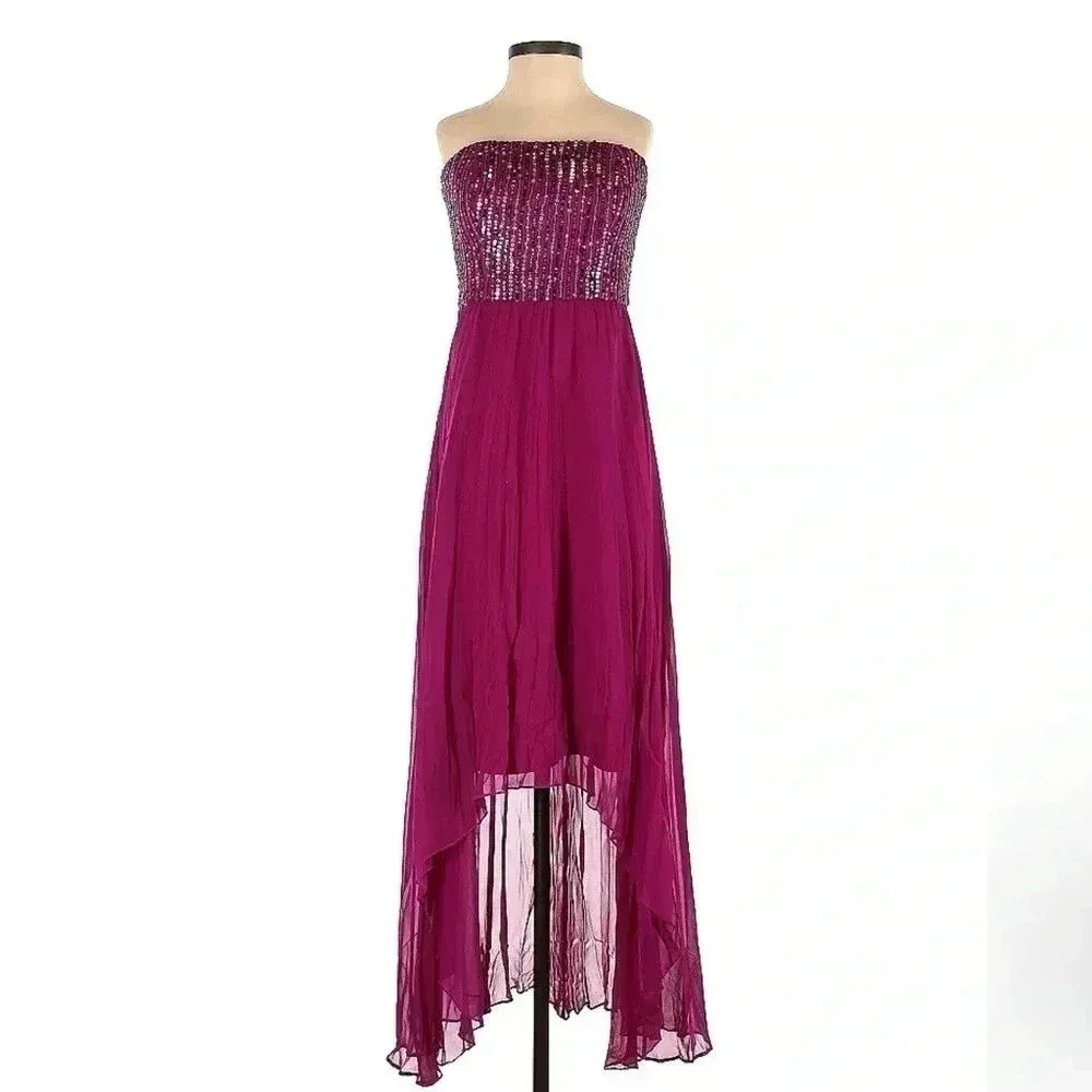 Phoebe Couture Silk Fuchsia Pleated High Low Formal Sequin Gown Dress Size 2 - Image 2