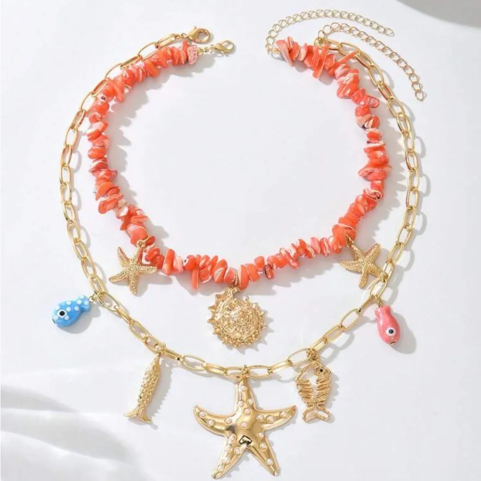 🪼🪼🪼BOGOHO🪼🪼🪼Gold and Coral Starfish Charm Necklace Gold - Image 3