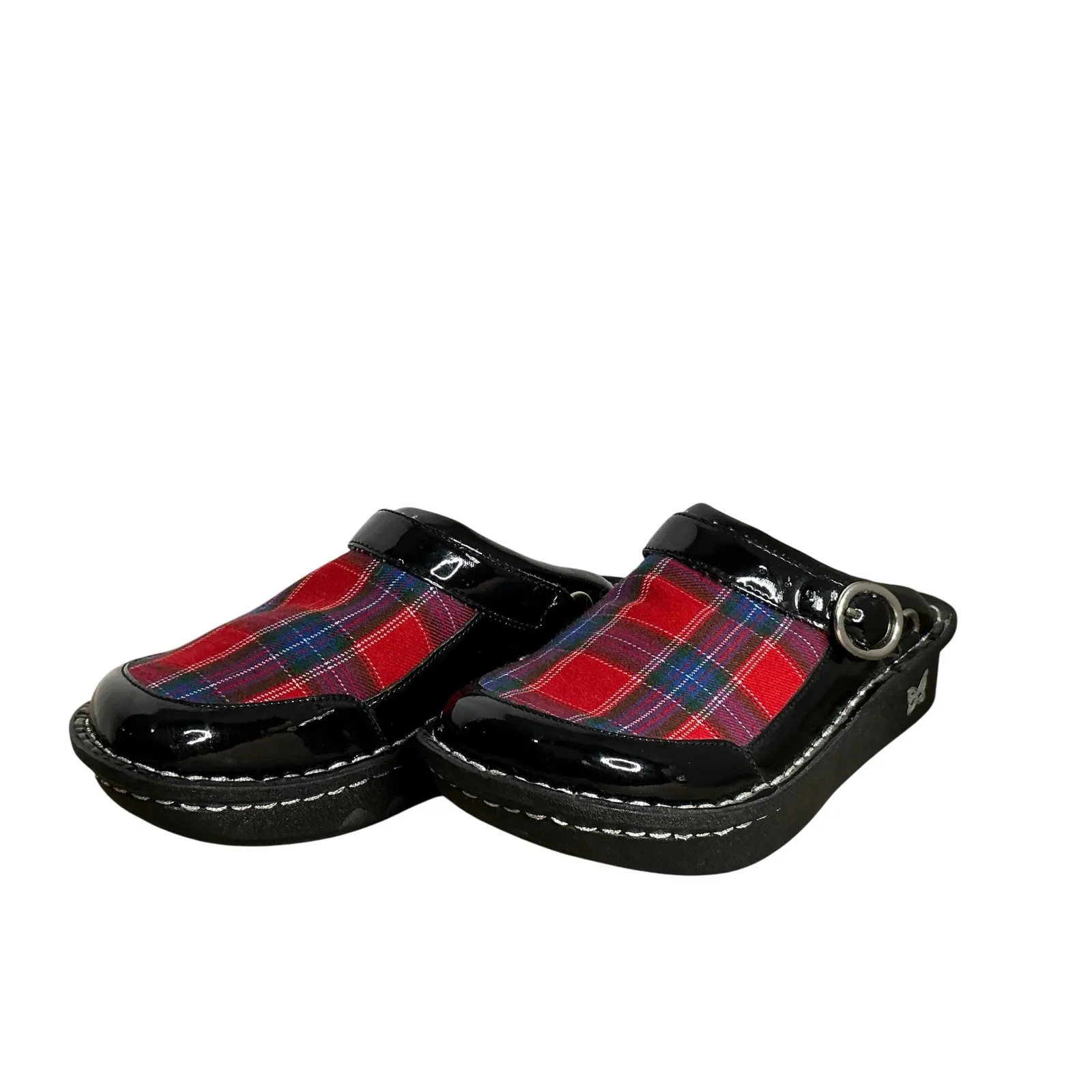 Alegria Clogs Tartan Plaid Patent Leather Slip On Platform Mules Black Red Sz 4 - Image 7