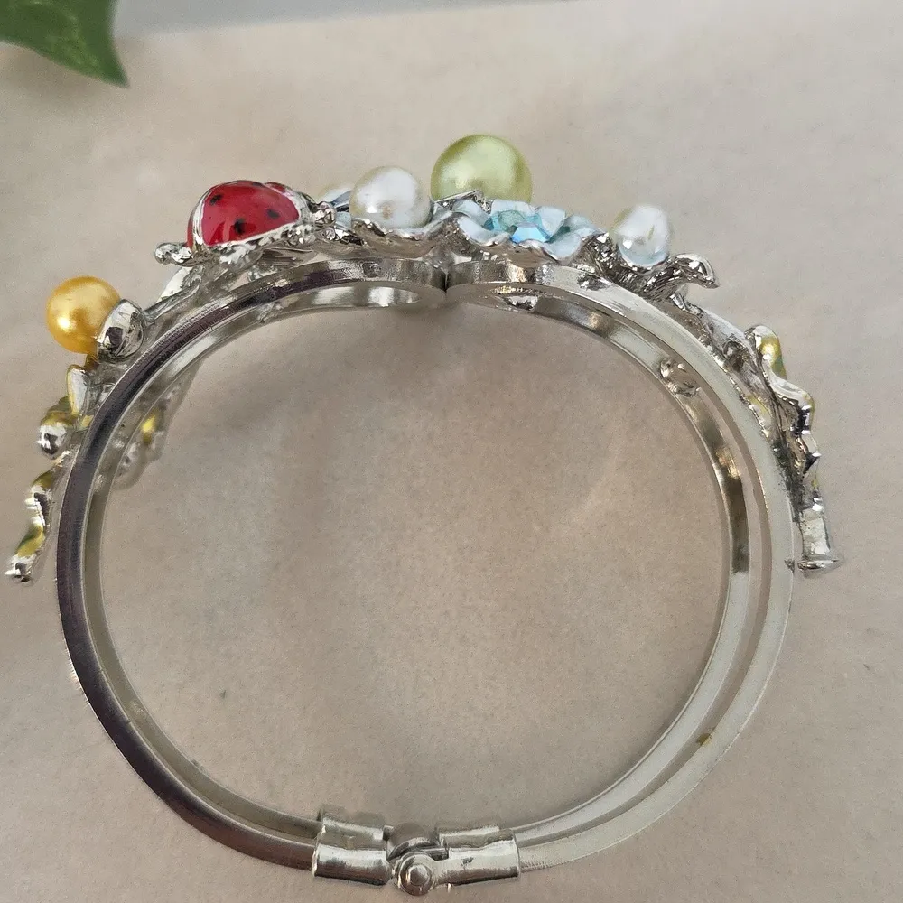 Vintage Silver Enamel Floral with Ladybug Clamper Hinge Bracelet - Image 6